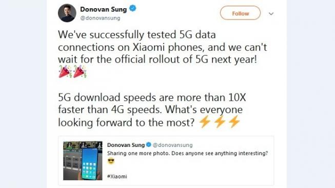 Xiaomi umumkan smartphone berteknologi 5G. [Twitter]