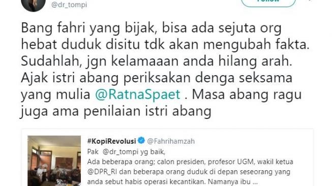 Tompi tanggapi cuitan Fajri Hamzah. [twitter/dr_tompi]