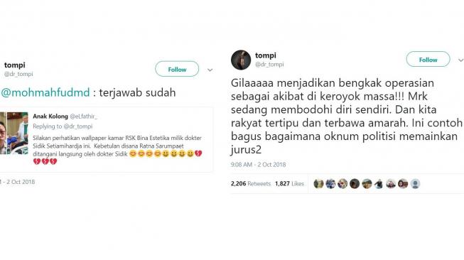 Dugaan Tompi soal foto Ratna Sarumpaet yang viral di internet. [twitter/dr_tompi]