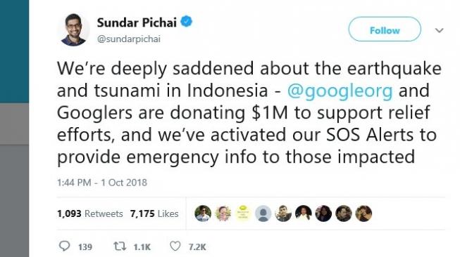 Donasi Google.org dan Googlers. (Twitter/@sundarpichai).