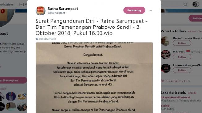 Tweet Ratna Sarumpaet.