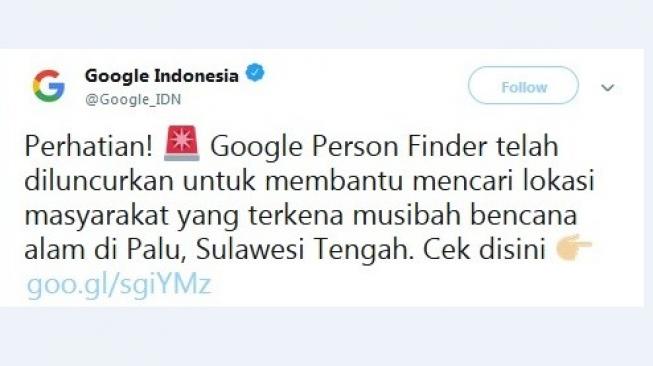 Postingan fitur baru Google Person Finder. (Twitter/@Google_IDN)