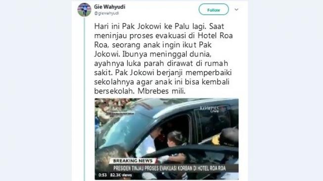 Bocah korban gempa Palu - Donggala, Izrael, ingin ikut Jokowi. [Twitter]