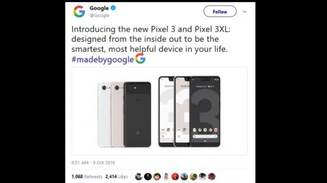 Google Pixel 3 dan Pixel 3 XL. [Twitter]