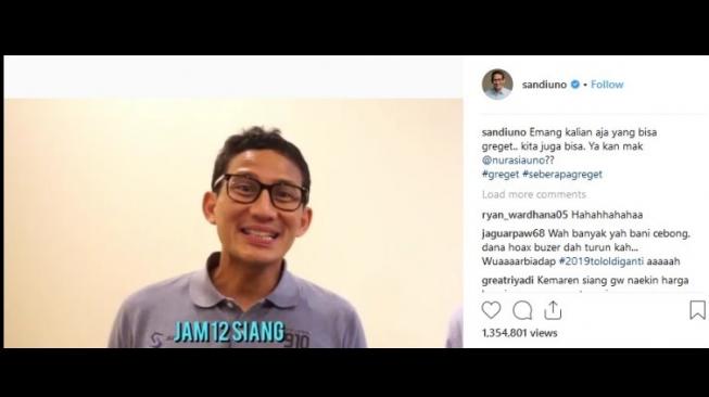 Sandiaga Uno ikut terkena demam permainan tantangan seberapa greget. [Instagram] 