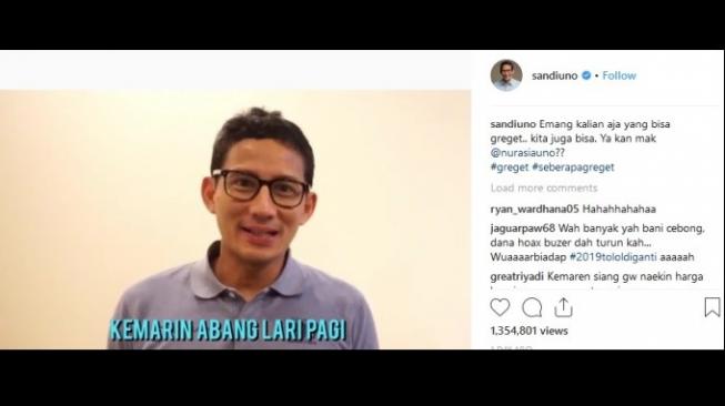 Sandiaga Uno ikut terkena demam permainan tantangan seberapa greget. [Instagram] 