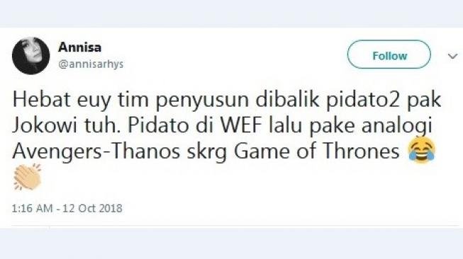 Kicauan warganet soal pidato Game of Thrones Jokowi. [Twitter]