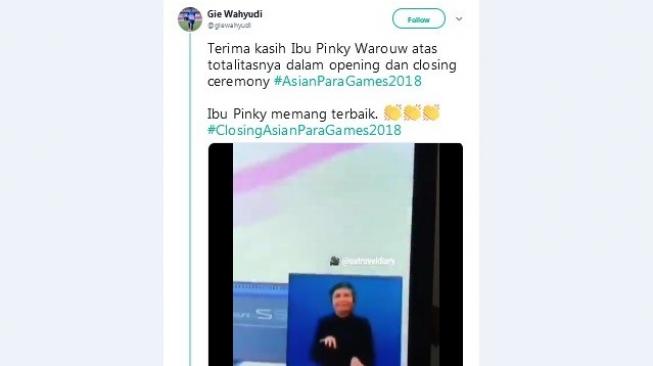 Pujian warganet kepada penerjemah Closing Asian Para Games 2018. [Twitter]