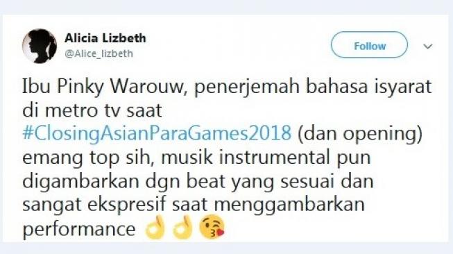 Pujian warganet kepada penerjemah Closing Asian Para Games 2018. [Twitter]