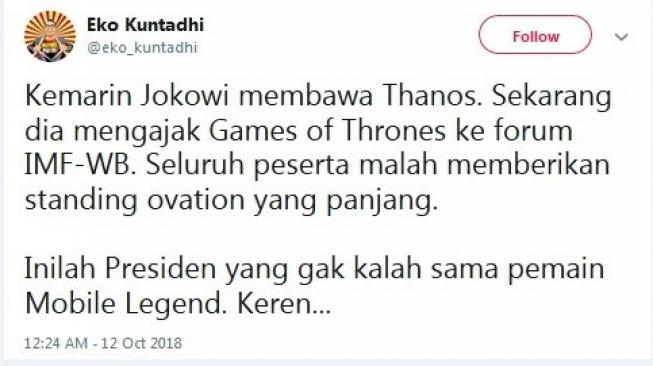Kicauan warganet soal pidato Game of Thrones Jokowi. [Twitter]