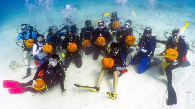 Para penyelam memperlihatkan labu ukiran mereka saat kontes mengukir labu bawah air, di Cagar Alam Laut Nasional Florida Keys, Florida, Minggu (14/10). [AFP/Frazier Nivens]