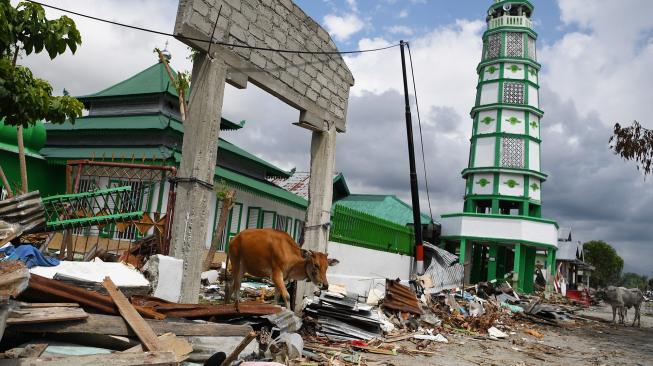 Suasana Masjid Al Amin diantara bangunan yang rusak akibat gempa dan tsunami di Wani, Donggala, Sulawesi Tengah, Minggu (14/10). [ANTARA FOTO/Wahyu Putro] 