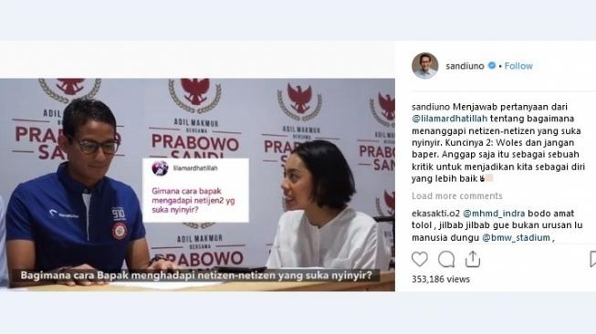 Calon Wakil Presiden, Sandiaga Uno menjawab pertanyaan warganet. [Instagram]