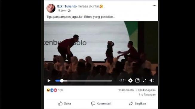 Aksi cucu Jokowi bikin kewalahan tiga orang Paspampres saat Hari Santri. (Foto: Facebook/Ezki Suyanto)