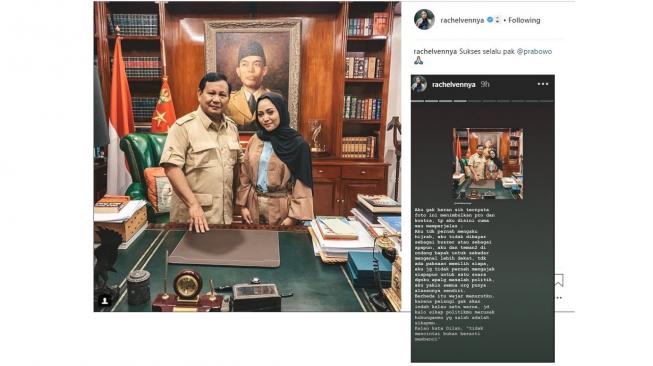 Rachel Vennya beri penjelasan soal fotonya bersama Prabowo Subianto yang menjadi kontroversi. [instagram/rachelvennya]