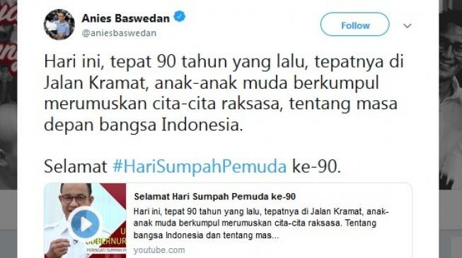 Ucapan Hari Sumpah Pemuda. [Twitter]