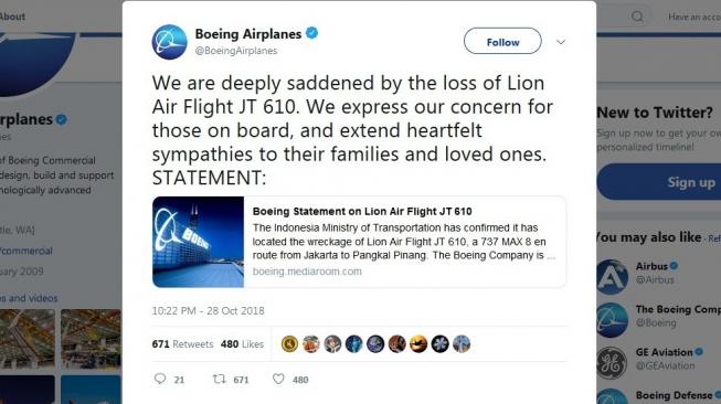 Pernyataan pihak Boeing terkait insiden jatuhnya pesawat Lion Air JT 610. [Twitter/capture]