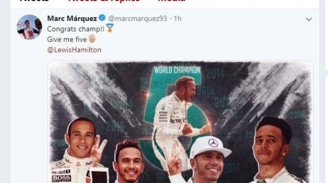 Ucapan selamat Marc Marquez kepada Lewis Hamilton via Twitter [Twitter @marcmarquez93].