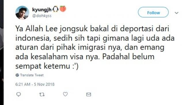 Cuitan warganet soal Lee Jong Suk dideportasi. [Twitter]