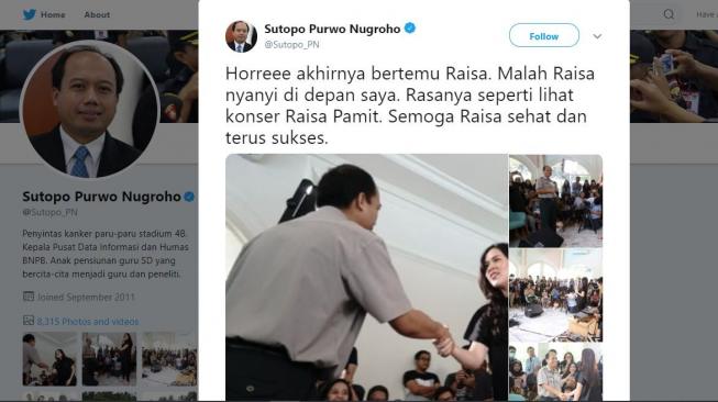 Unggahan Sutopi yang akhirnya bertemu dengan Raisa. [Twitter/Sutopo_PN]