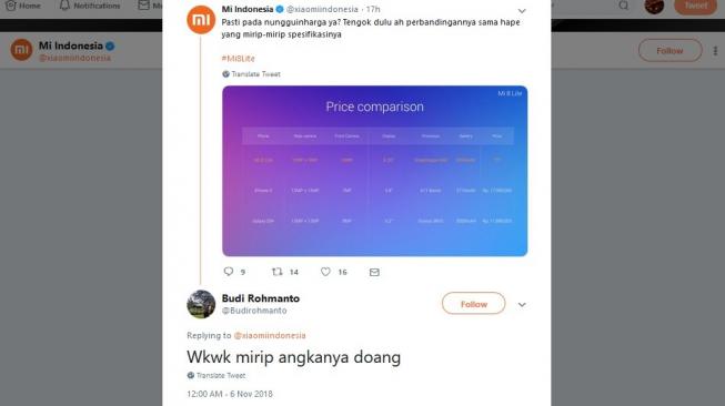 Cuitan warganet soal perbandingan Xiaomi Mi 8 Lite dengan iPhone X dan Galaxy S9+. [Twitter]