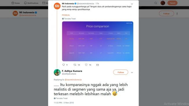 Cuitan warganet soal perbandingan Xiaomi Mi 8 Lite dengan iPhone X dan Galaxy S9+. [Twitter]