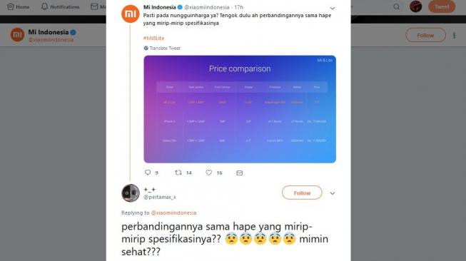 Cuitan warganet soal perbandingan Xiaomi Mi 8 Lite dengan iPhone X dan Galaxy S9+. [Twitter]