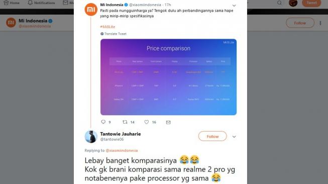 Cuitan warganet soal perbandingan Xiaomi Mi 8 Lite dengan iPhone X dan Galaxy S9+. [Twitter]