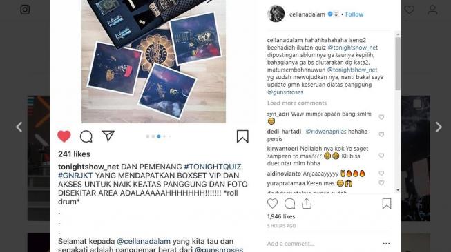 Cella Kotak dapat all access Guns N Roses [instagram/cellanadalam]