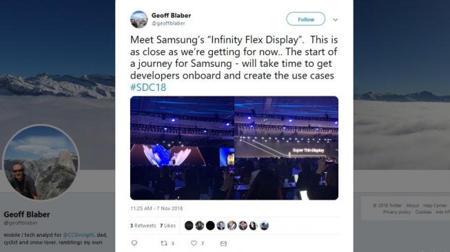 Perkenalan ponsel lipat Samsung di ajang Samsung Developer Conference 2018, di San Francisco, Amerika Serikat, Kamis (8/11/2018) dini hari. [Twitter]