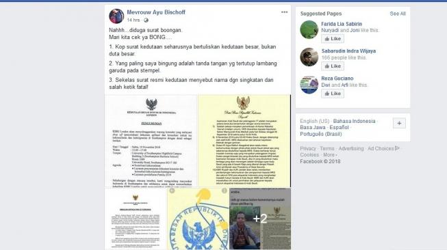 Salah satu postingan di Facebook yang menuding surat Dubes RI untuk Arab Saudi terkait Habib Rizieq Shihab adalah palsu. [Facebook/capture]