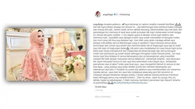 Angel Lelga menjawab spekulasi publik soal perceraiannya dengan Vicky Prasetyo. [instagram/angellelga]