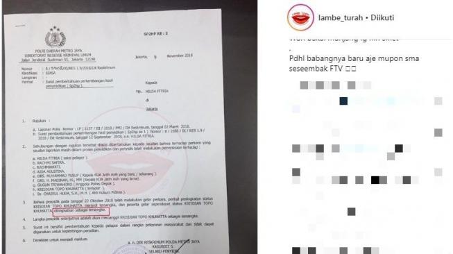 Foto surat pemberitahuan perkembangan hasil penyelidikan (Sp2hp) yang menyebut Kriss Hatta ditetapkan jadi tersangka [Instagram/lambe_turah]