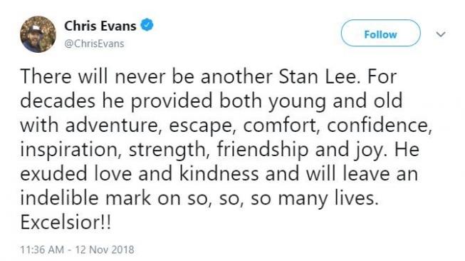 Cuitan Chris Evans soal kematian Stan Lee. [twitter/ChrisEvans]