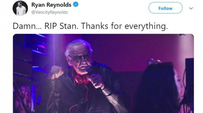 Ryan Reynold berbelasungkawa terhadap kepergian Stan Lee. [Twitter/VancityReynolds]