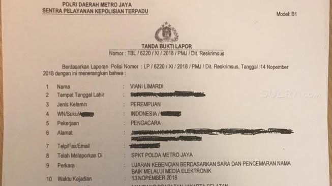 Laporan PSI dengan nomor laporan LP/6220/XI/2018/PMJ/Dit.Reskrimsus dengan terlapor akun Srikandi Rahayu Ningsih diterima polisi. (Suara.com/Arga)