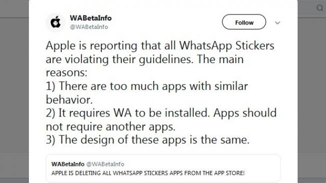 Penghapusan aplikasi stiker di WhatsApp. [Twitter]