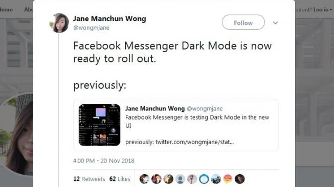 Fitur baru Facebook Messenger, Mode Gelap. [Twitter]