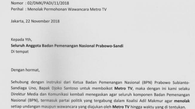 Surat edaran boikot Metro TV