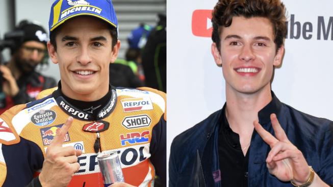 Kolase foto Marc Marquez dan Shawn Mendes. [AFP/William West/Valerie Macon]