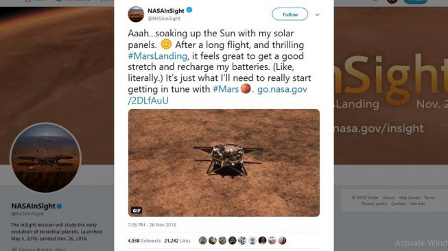 NASA InSight  berhasil melakukan pendaratan di Mars. [Twitter]