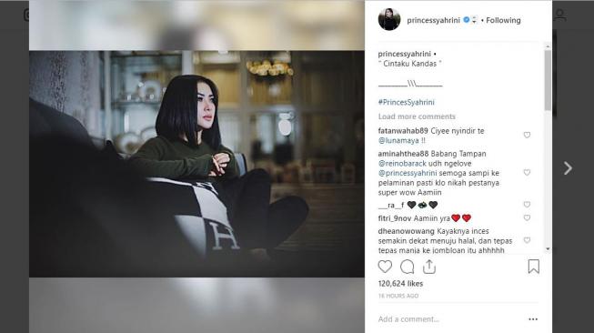 Postingan Syahrini yang disukai oleh Reino Barack. [instagram/princessyahrini]