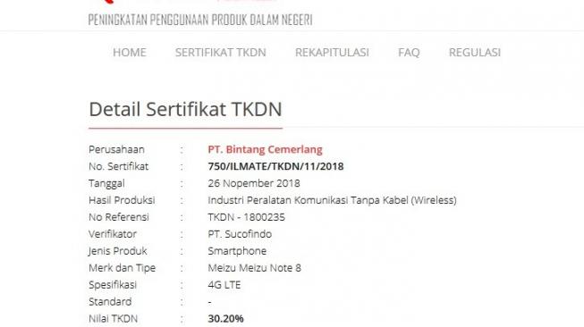 Sertifikat TKDN Meizu. [Dok. Kemenperin]