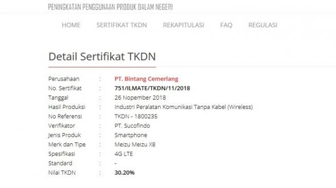 Sertifikat TKDN Meizu. [Dok. Kemenperin]