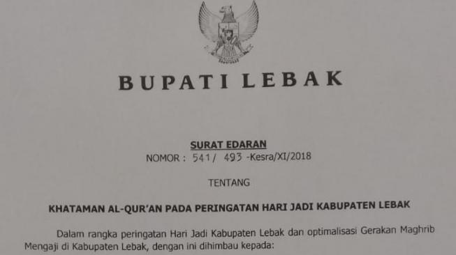 Bupati Lebak Terbitkan SE Gelar Khataman Al-Quran Pada 2 Desember di Masjid