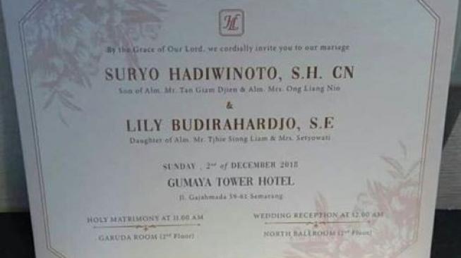 Viral pernikahan  Suryo Hadiwinoto dan Lily Budirahardjo yang terpaut 36 tahun. [Facebook/Calvin Hartono]
