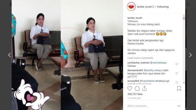 Iriana Jokowi terlihat duduk menunggu pesawat delay. [instagram/lambe_turah]