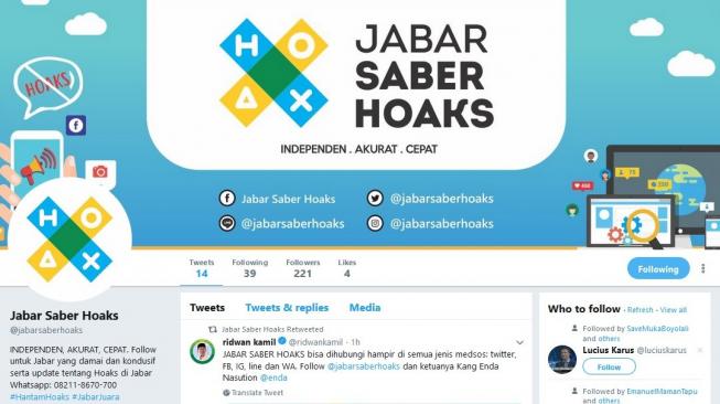 Akun Twitter Jabar Saber Hoaks, sebuah lembaga yang dibentuk Gubernur Jawa Barat, Ridwan Kamil untuk melawan kabar bohong alias hoaks di Jawa Barat. [Twitter/jabarsaberhoaks]