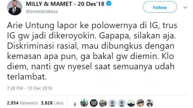 Ernest Prakasa tak masalah Instagramnya diseran warganet gara-gara kritik Arie Untung. [instagram/ernestprakasa]