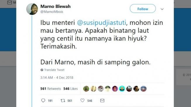 Postingan warganet ke Menteri Susi. [Twitter]